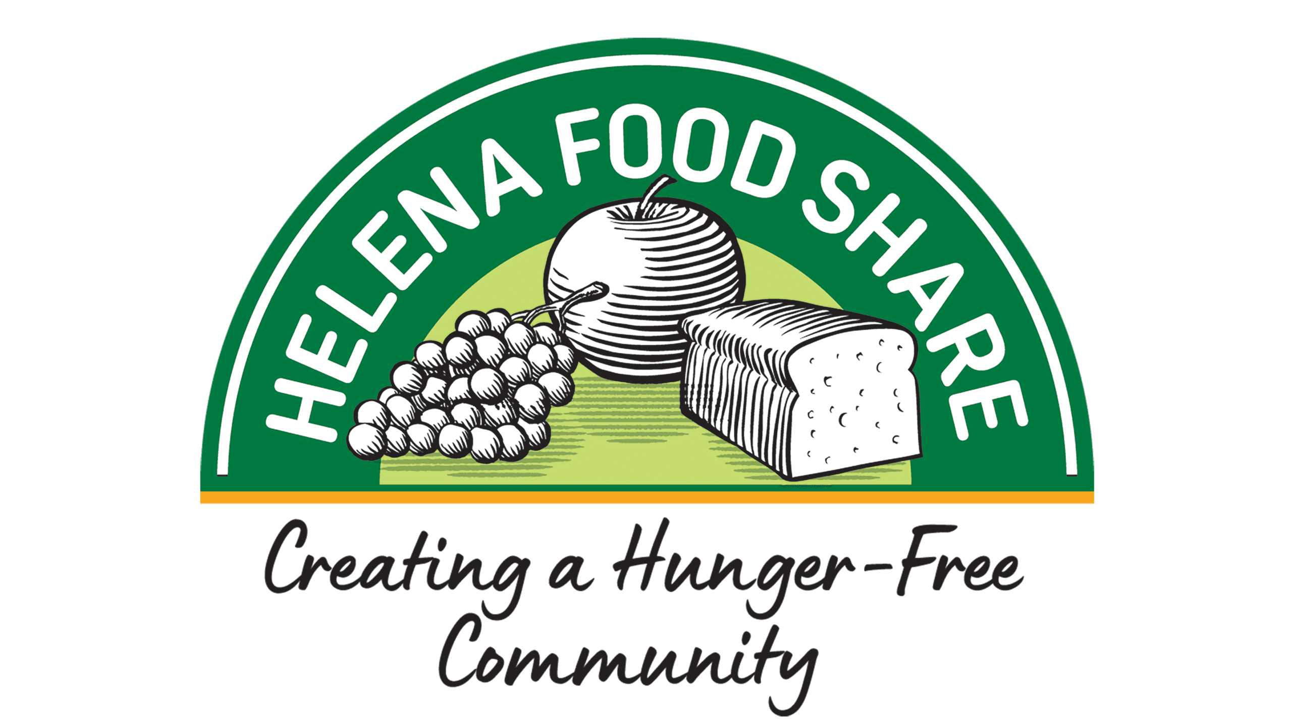 Logo for a food sharing nonprofit showing grapes, cheese, and bread on a green circular badge with 'Food Share' text and 'Creating a Hunger-Free Community' slogan.
