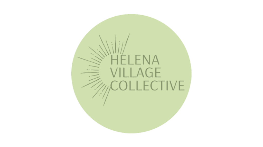 Helena Village Collective logo: pale green circle with a sunburst design on the left and the name stacked on the right/centered text.