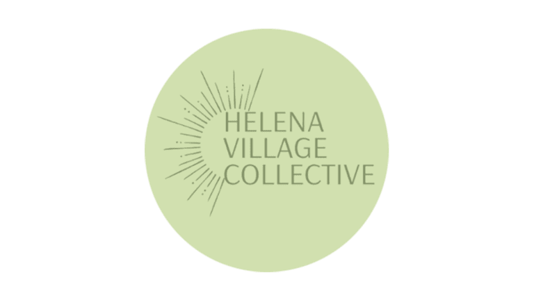 Helena Village Collective logo: pale green circle with a sunburst design on the left and the name stacked on the right/centered text.