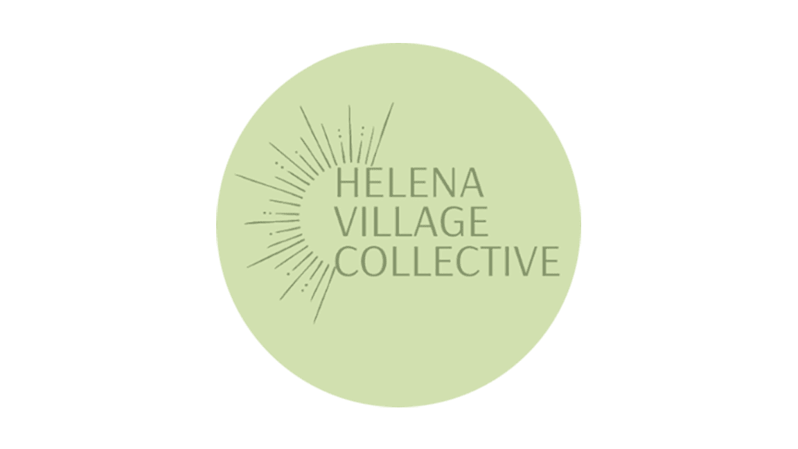 Helena Village Collective logo: pale green circle with a sunburst design on the left and the name stacked on the right/centered text.