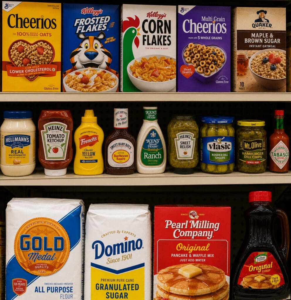 Aug Wish List2-080126 Grocery shelf with cereals (Cheerios, Frosted Flakes, Corn Flakes) on the top row and condiments/jars on the lower shelf.